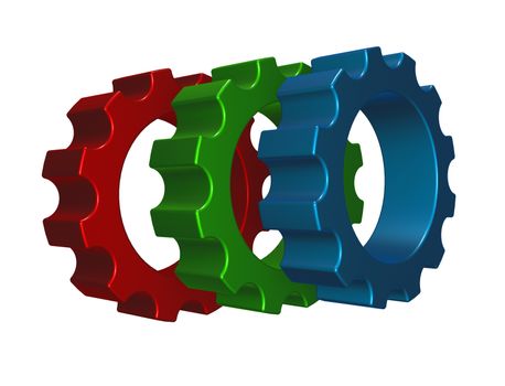 gear wheels in rgb colors on white background - 3d illustration