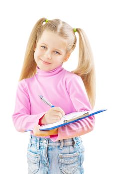 schoolgirl with ballpoint pen and paperclip