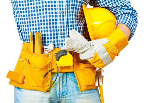 very close up view on workers hand and tools