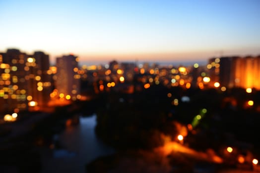 Evening view of the city with bokeh effect