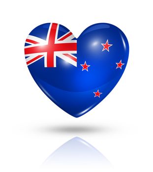 Love New Zealand symbol. 3D heart flag icon isolated on white with clipping path