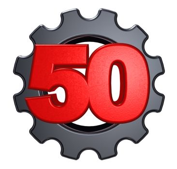 number fifty and gear wheel on white background - 3d illustration