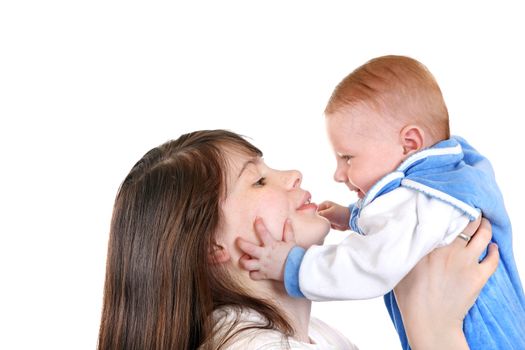 Young Mother and beautiful Baby Boy Isolated on the White Background