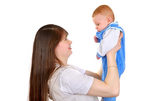 Young Mother and beautiful Baby Boy Isolated on the White Background