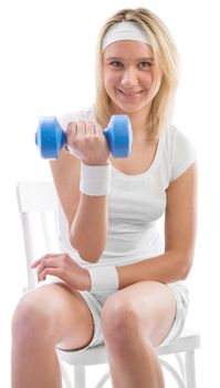 girl training with blue dumbbell