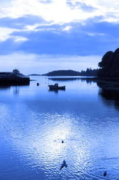 silhouette of boat and birds at sunset over the river Eske in Donegal town county Donegal Ireland