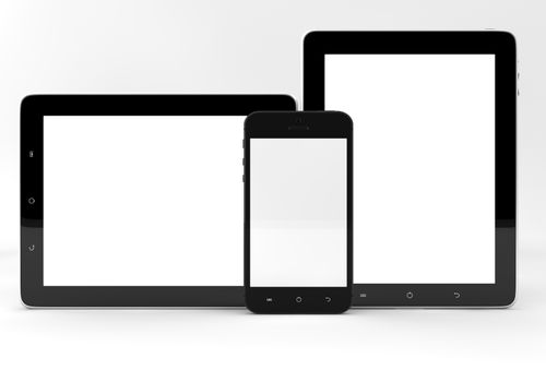 Realistic tablet pc computers like ipade and mobile phone with blank screen isolated on white background