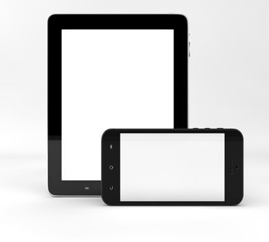 Realistic tablet pc computer like ipade and mobile phone with blank screen isolated on white background