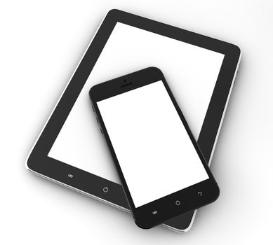 Realistic tablet pc computer like ipade and mobile phone with blank screen isolated on white background