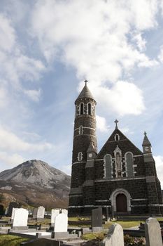 Church of the Sacred Heart, Dunlewey with Errigal mountains in Donegal Ireland