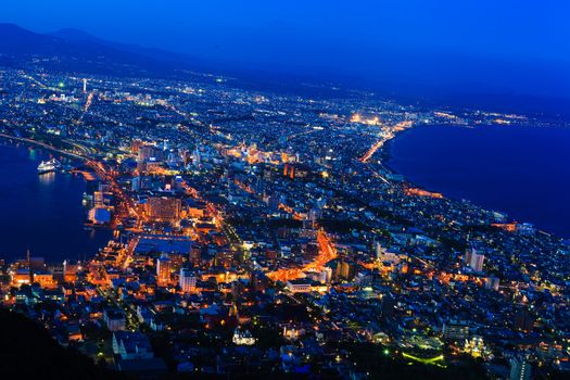 Hakodate Cityscape from Mt.Hakodate Hakodate, Japan. The city was the first in Japan to open its ports to trade in 1854.