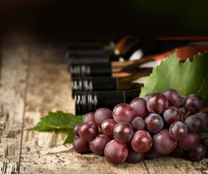 wine bottles and  grape vine branch.shallow depth of focus