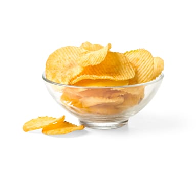 Delicious potato chips in bowl isolated on white. With clipping path