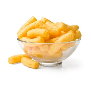 Cheese curls in bowl isolated on a white background. With clipping path