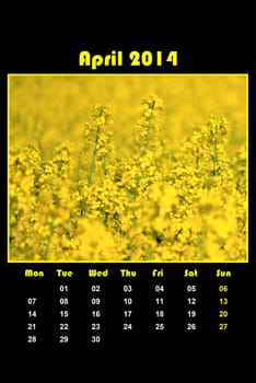 Colorful english calendar for april 2014 in black background, colzy field