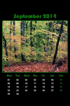 Colorful english calendar for september 2014 in black background, green and orange forest