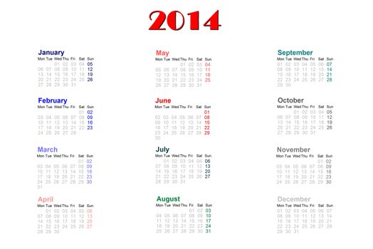 English calendar for 2014 on white background