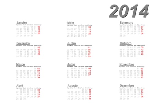 Portuguese calendar for 2014 on white background