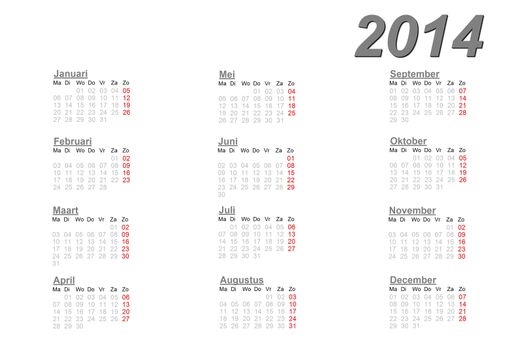 Dutch calendar for 2014 on white background