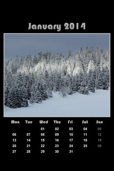 Colorful english calendar for january 2014 in black background, fir trees forest and winter mountain