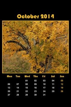 Colorful english calendar for october 2014 in black background, orange leaves tree