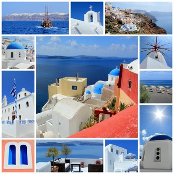 Colorful collage of Santorini island photos, Greece
