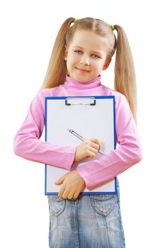 a schoolgirl holding clipboard and ballpoint pen