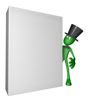 green guy with topper and blank box - 3d illustration