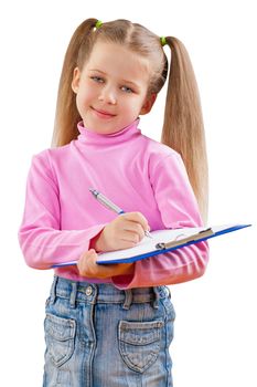 a small girl with clipboard isoalted