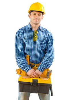 a worker holding tool box