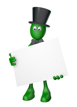 green guy with blank sign - 3d illustration