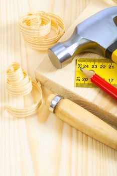 carpenter tools on boards