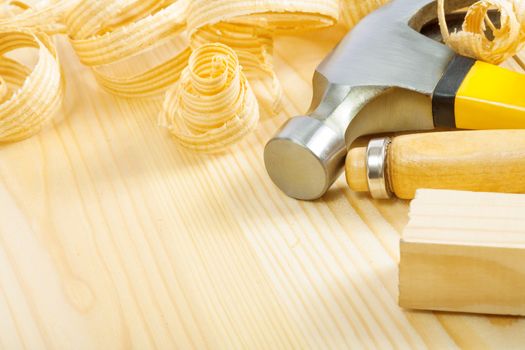 copyspace composition of carpenter tools on wooden boards