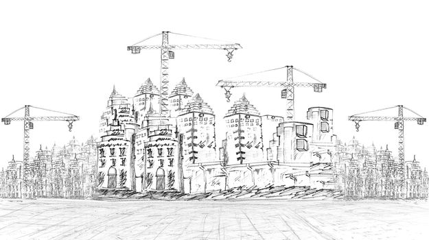sketching of building construction on white