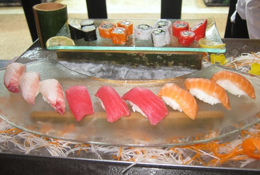 Plate of fresh sushi and sashimi (raw fish)