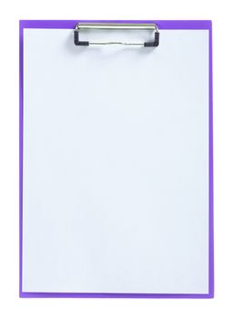 purple paperclip with sheet of paper isolated