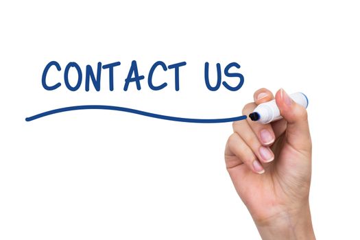 Hand writing Contact Us with blue marker on virtual board