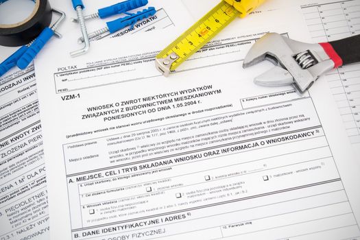 Polish tax form and tools. Credit for home construction.