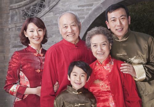 Multi-generation Family portrait by traditional Chinese building