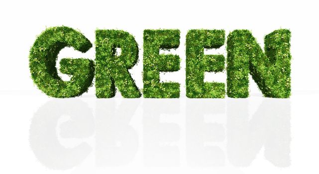 a frontal view of the three dimensional word "green" is covered by grass and flowers, on a white background