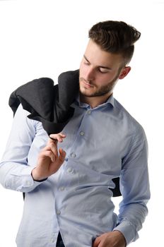 Portrait of handsome young business man on white background holding suit jacket over his shoulder