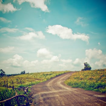 Landscape of the road to the hill with retro filter effect