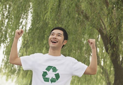 Young Man Smiling, Recycling Symbol, Beijing