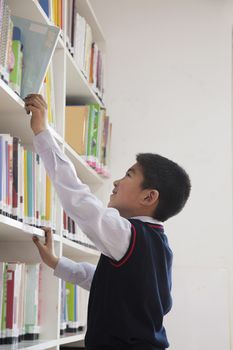 Schoolboy reaching for book off bookshelf