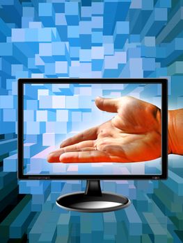 Human hand with modern monitor on abstract blue background