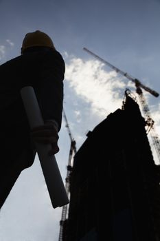 Architect holding blue print and looking up, low angle view