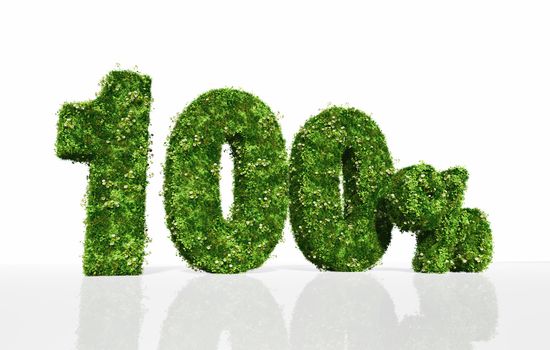 the three dimensional word "100%" is covered by grass and flowers, on a white background
