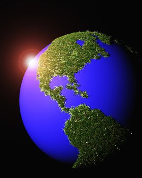 a 3d rendering of a sunset behind the world that has the american continent made by grass and flowers, on a black background