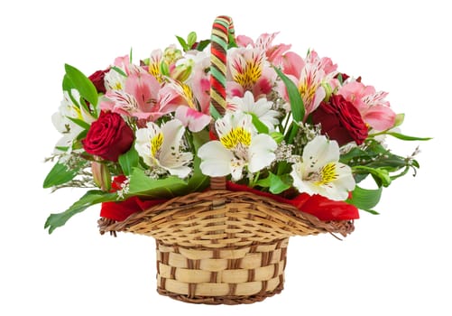 Basket with mics of flowers isolated on white background.