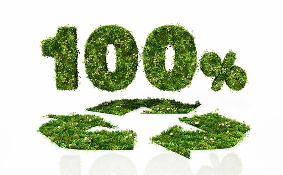 a view of a recycling symbol with the writing "100%" behind it, all of them covered by grass and flowers, lie on a white background